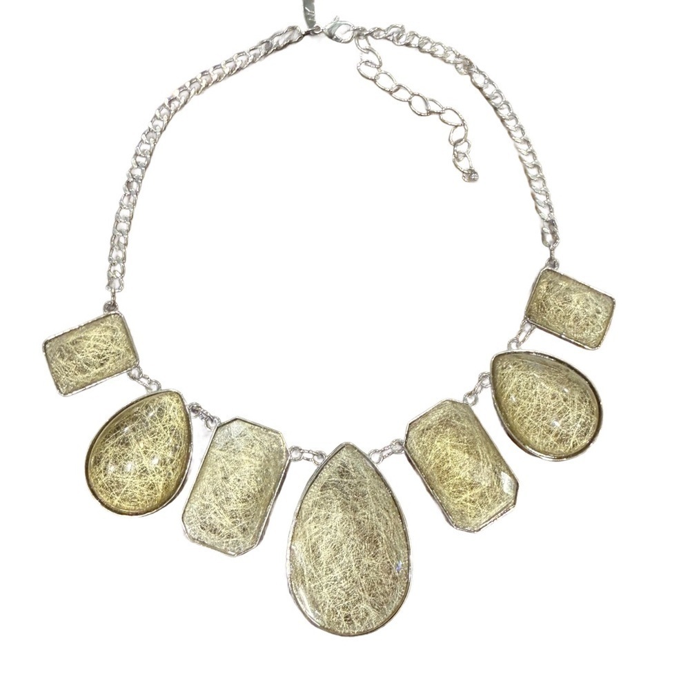 Rutilated Greenish Yellow Y2K Chunky Statement Necklace Silver Tone
